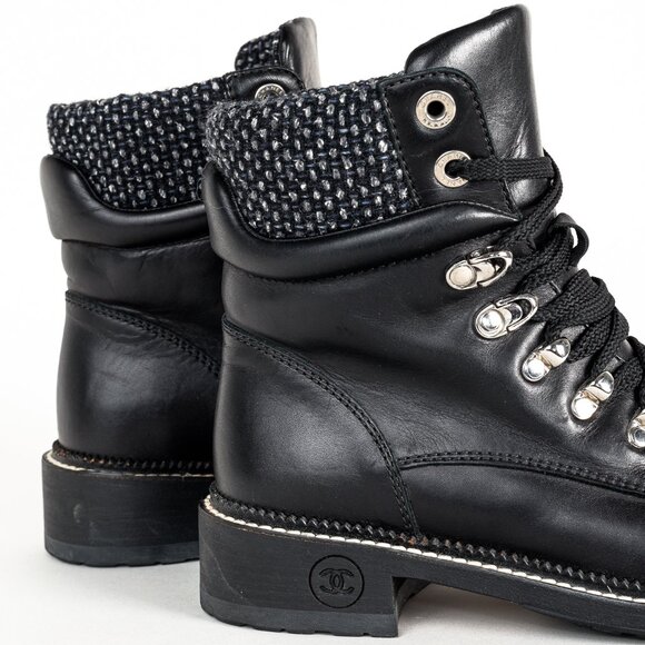 Chanel 15A Black Leather Tweed-Trim Lace-Up Short Boots, Size 6 - Picture 9 of 12